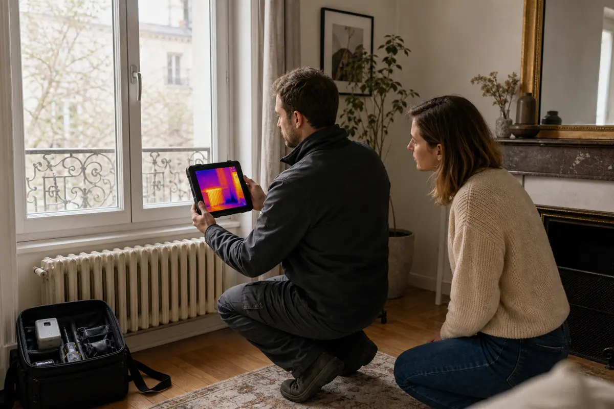 Technicien réalisant un audit thermique avec une caméra dans un salon ancien