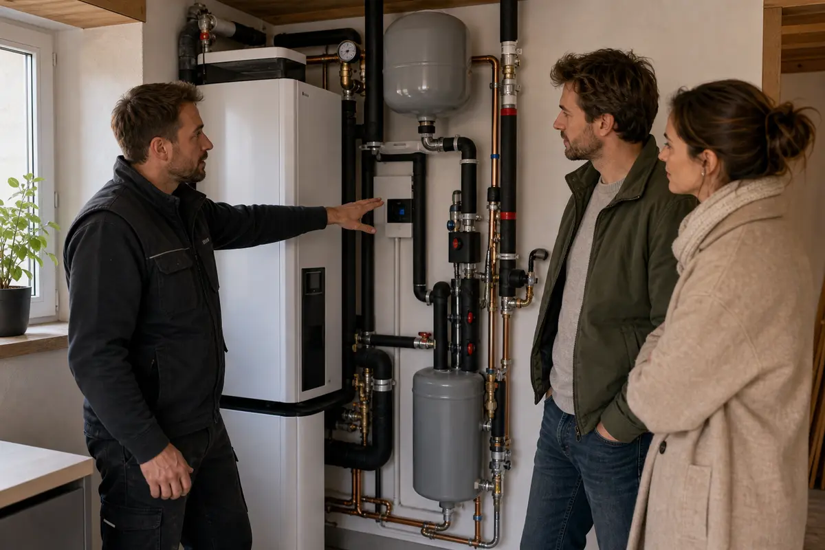 Technicien expliquant un nouveau système de chauffage à des propriétaires