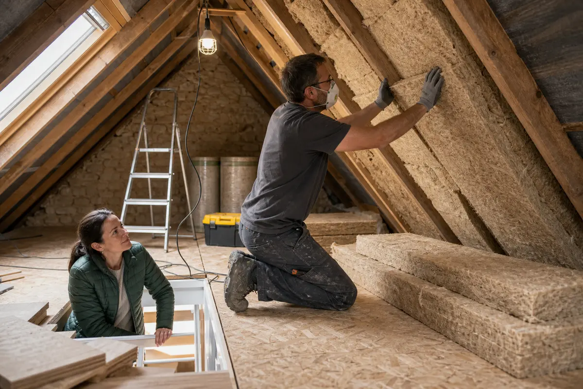Pose d’isolant en panneaux dans les combles d’une maison ancienne