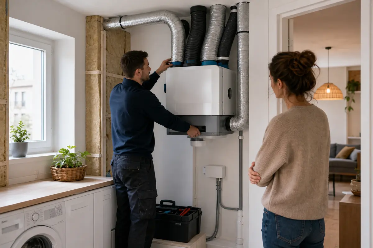 Installation d’une VMC dans une maison rénovée avec propriétaire et technicien