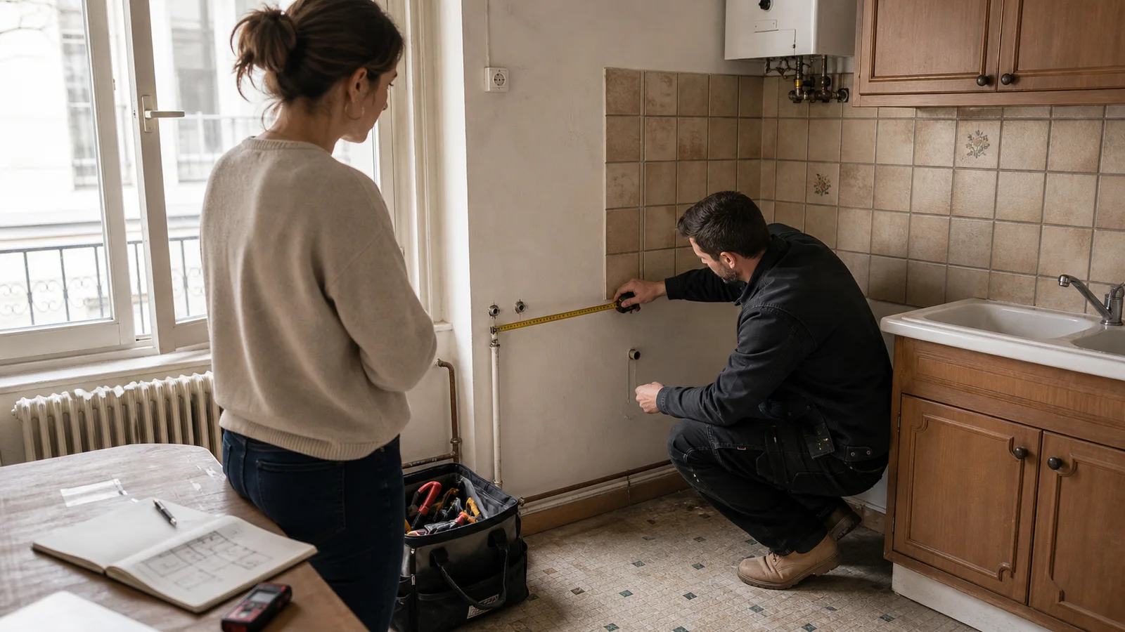 Artisan inspectant une cuisine avant de chiffrer des travaux de rénovation