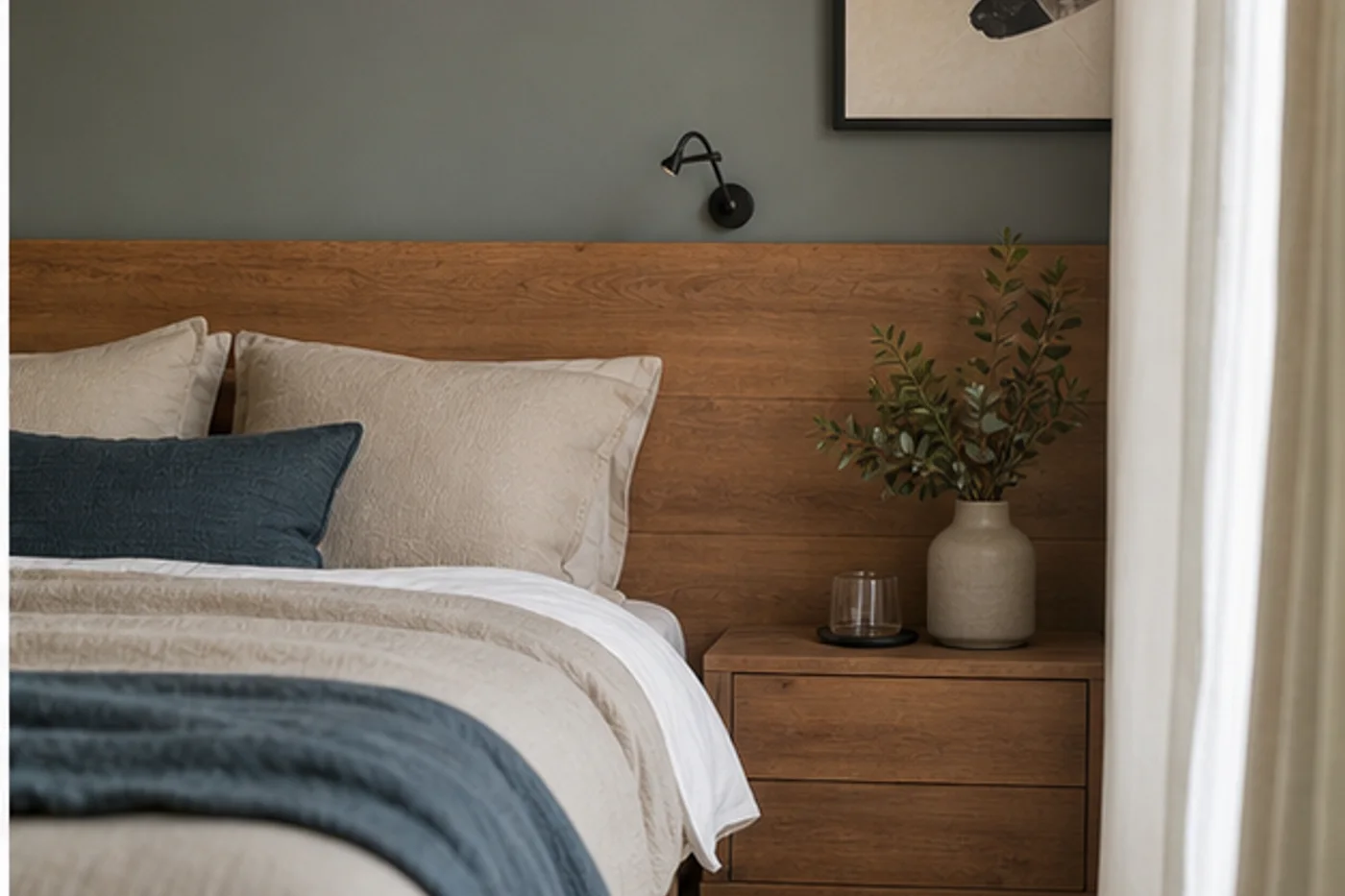 Chambre douce avec tête de lit en bois, textiles et lumière naturelle