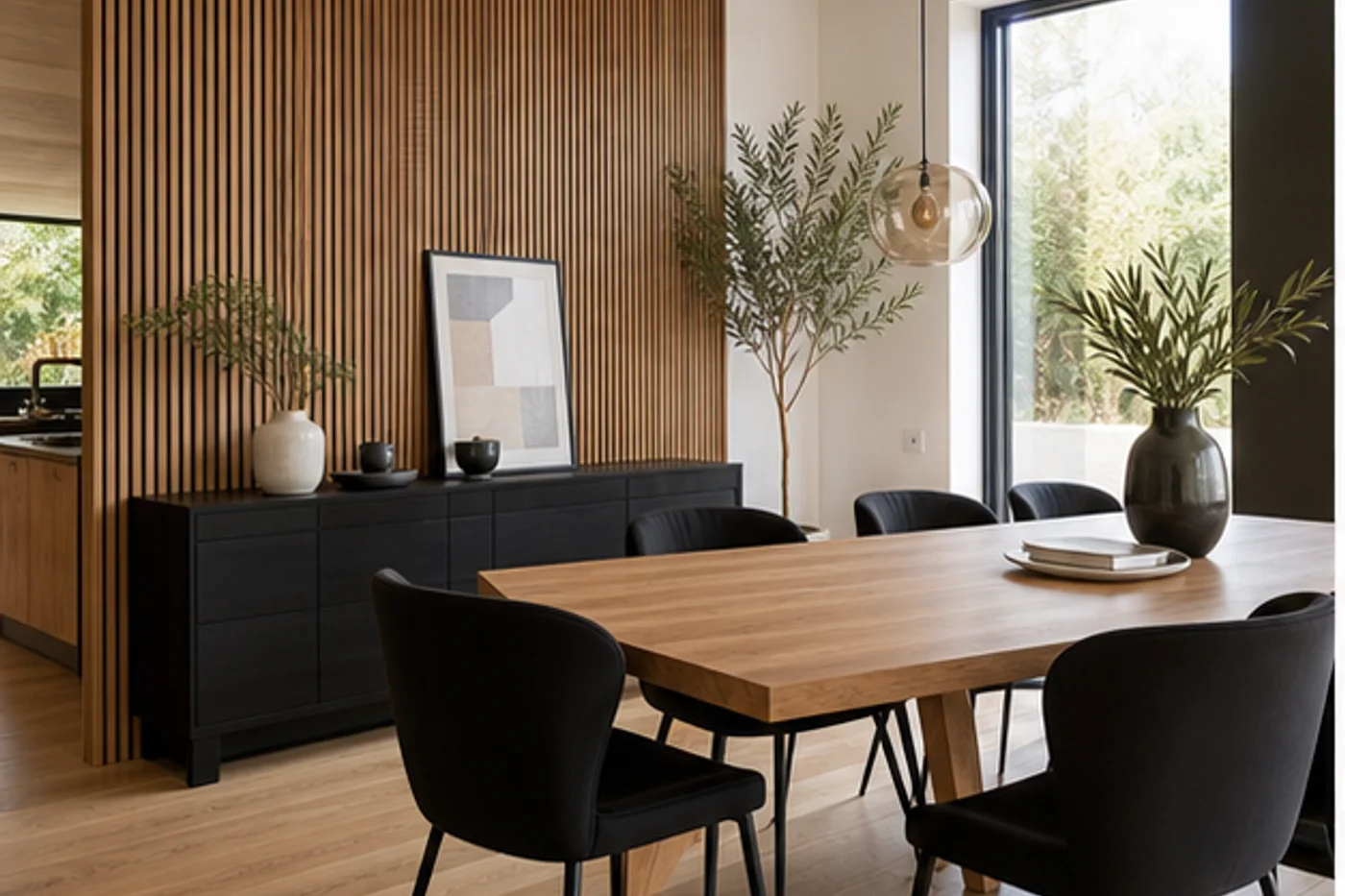 Coin repas moderne avec mur en tasseaux de bois dosé et finition mate