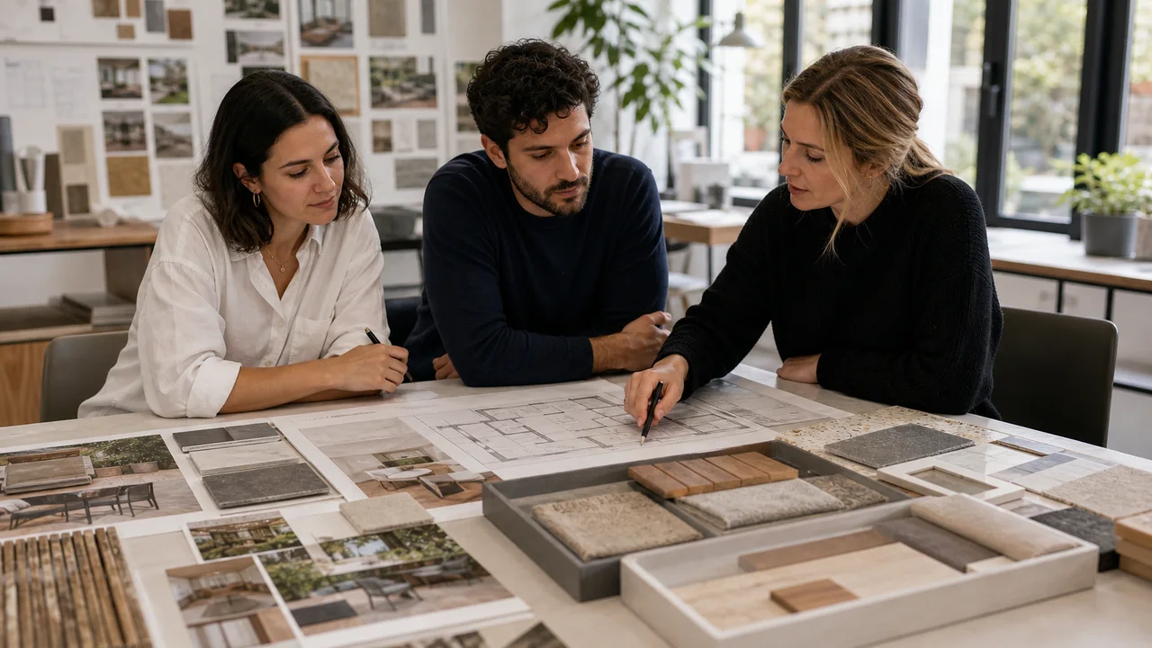 Groupe d’apprenants en décoration intérieure analysant un plan et des matériaux