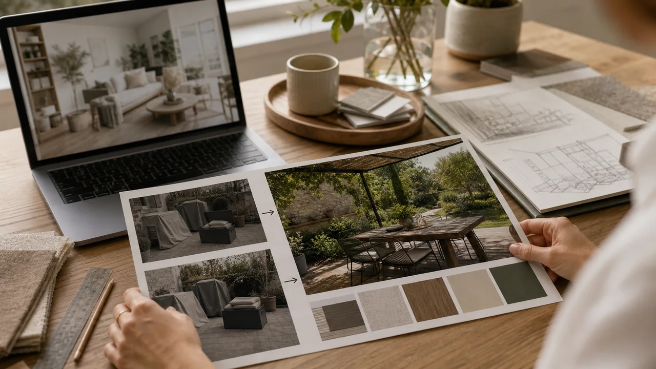 Portfolio de décoration intérieure avec planches avant après, palette et croquis