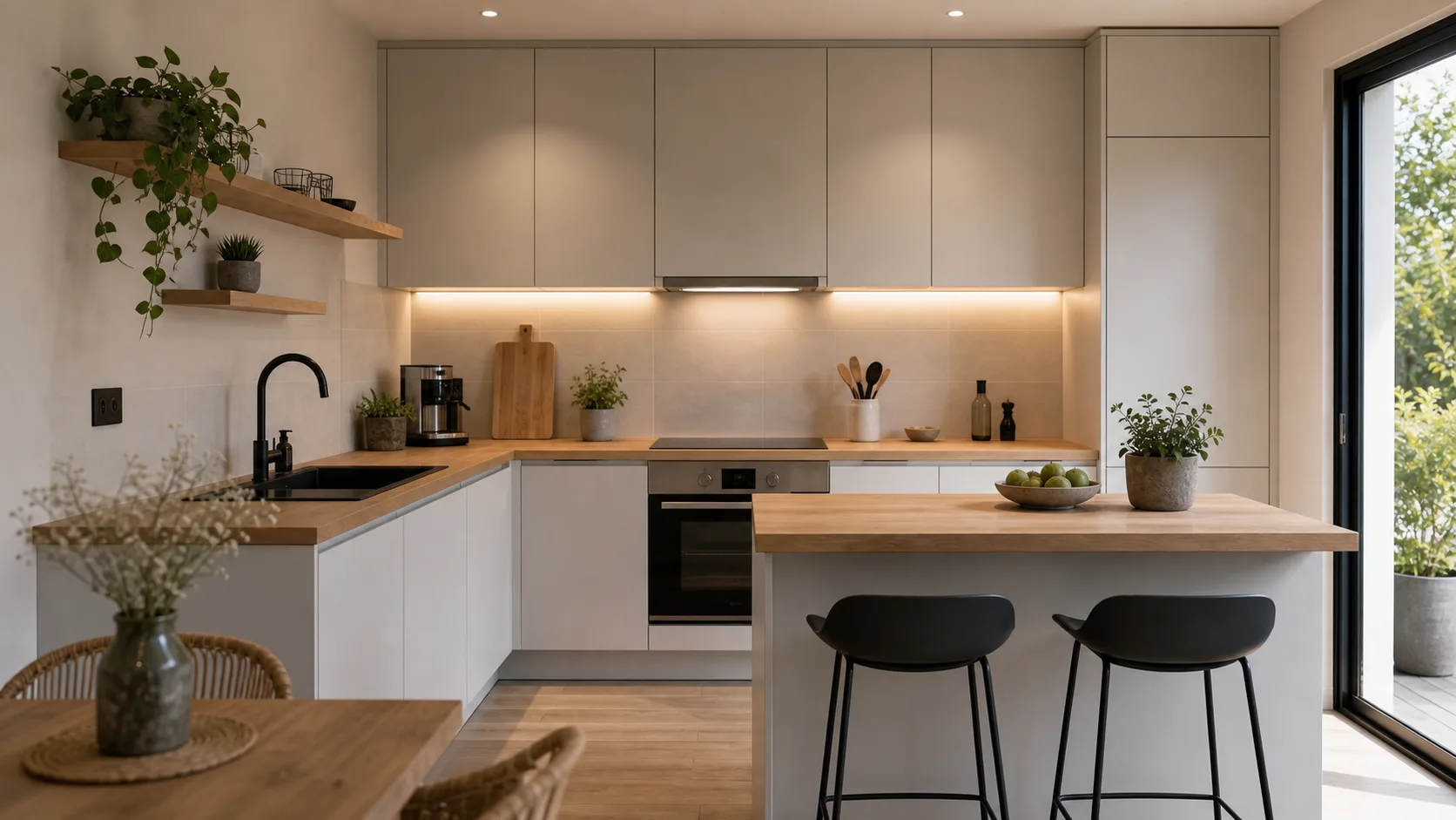 cuisine rénovée lumineuse avec façades mates, plan de travail bois et éclairage sous meubles
