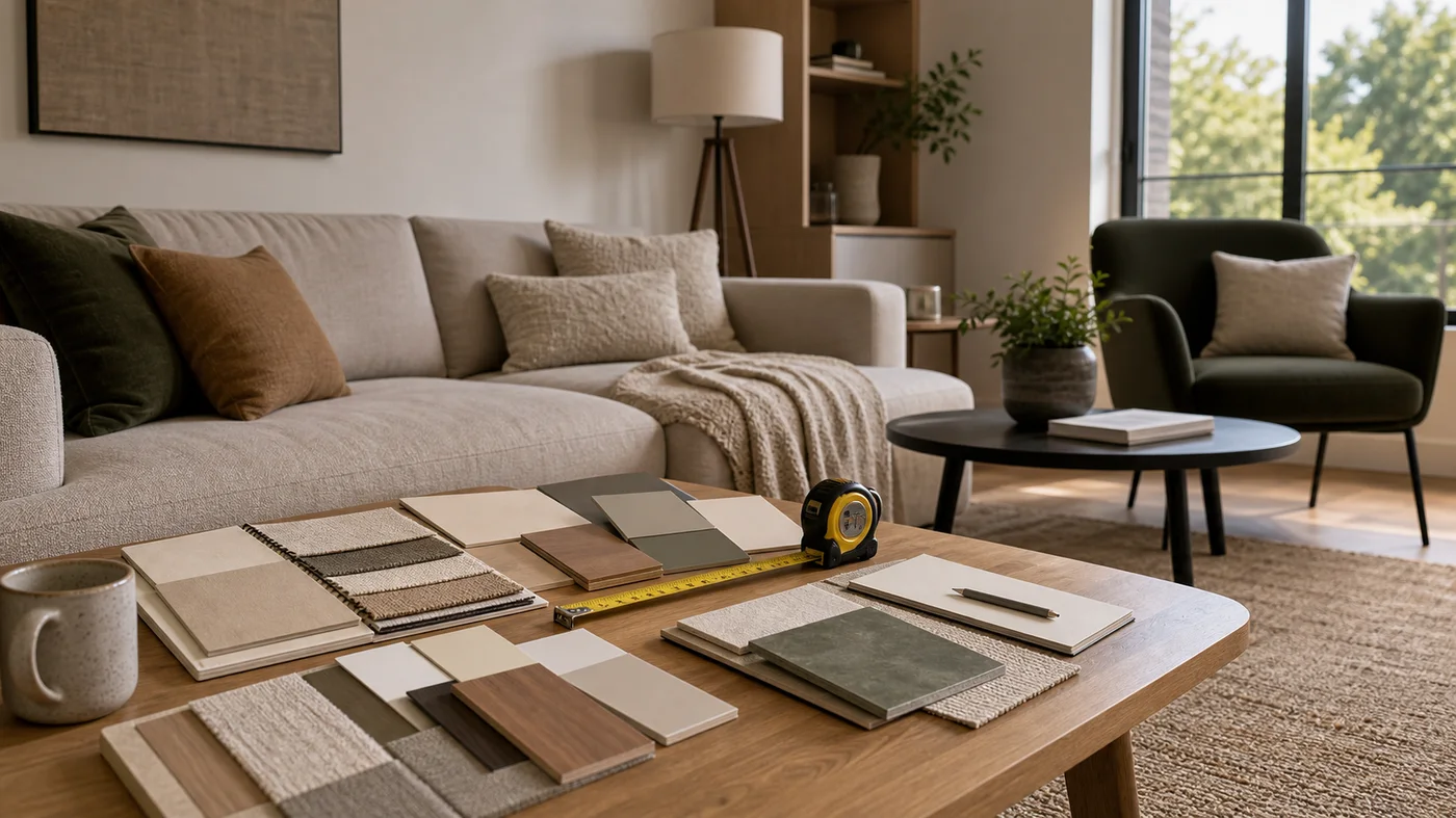 Salon moderne avec échantillons, mètre et arbitrage mobilier éclairage textiles