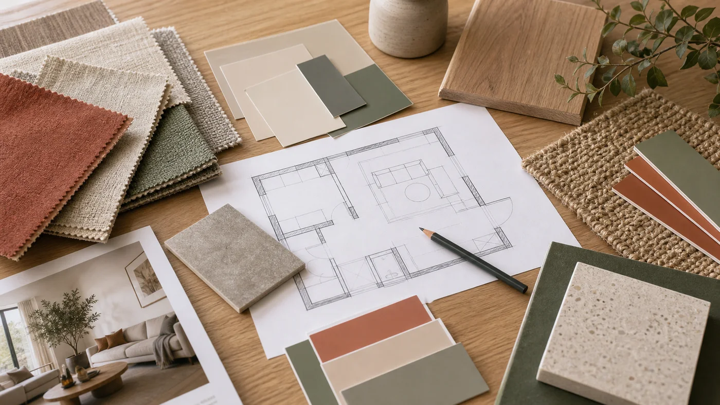 Moodboard de décoration pour salon moderne avec tissus, bois et teintes chaudes