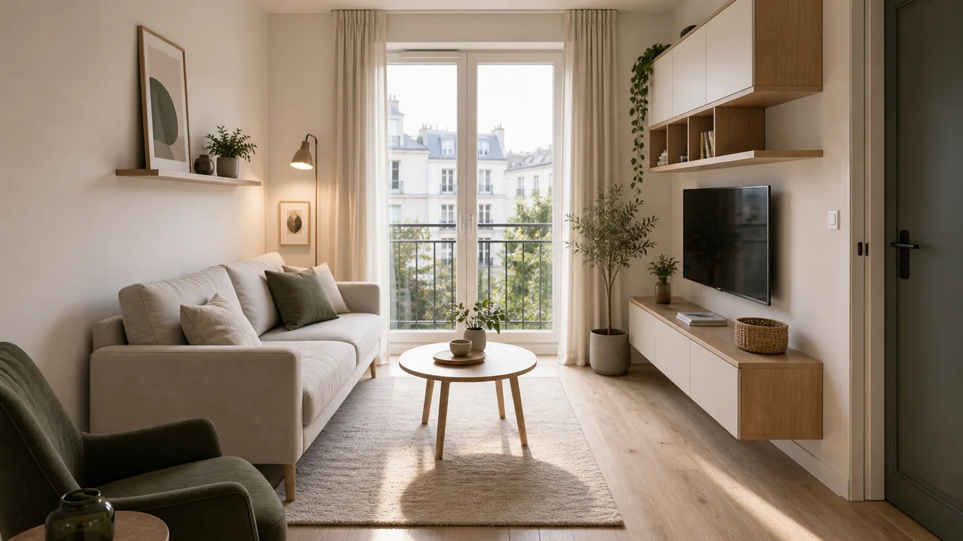 Petit salon moderne avec canapé fin, tapis proportionné et rangements muraux