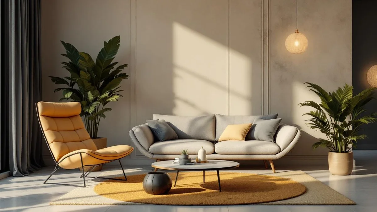 Salon lumineux avec canapé clair, fauteuil jaune, tapis ocre et plantes vertes