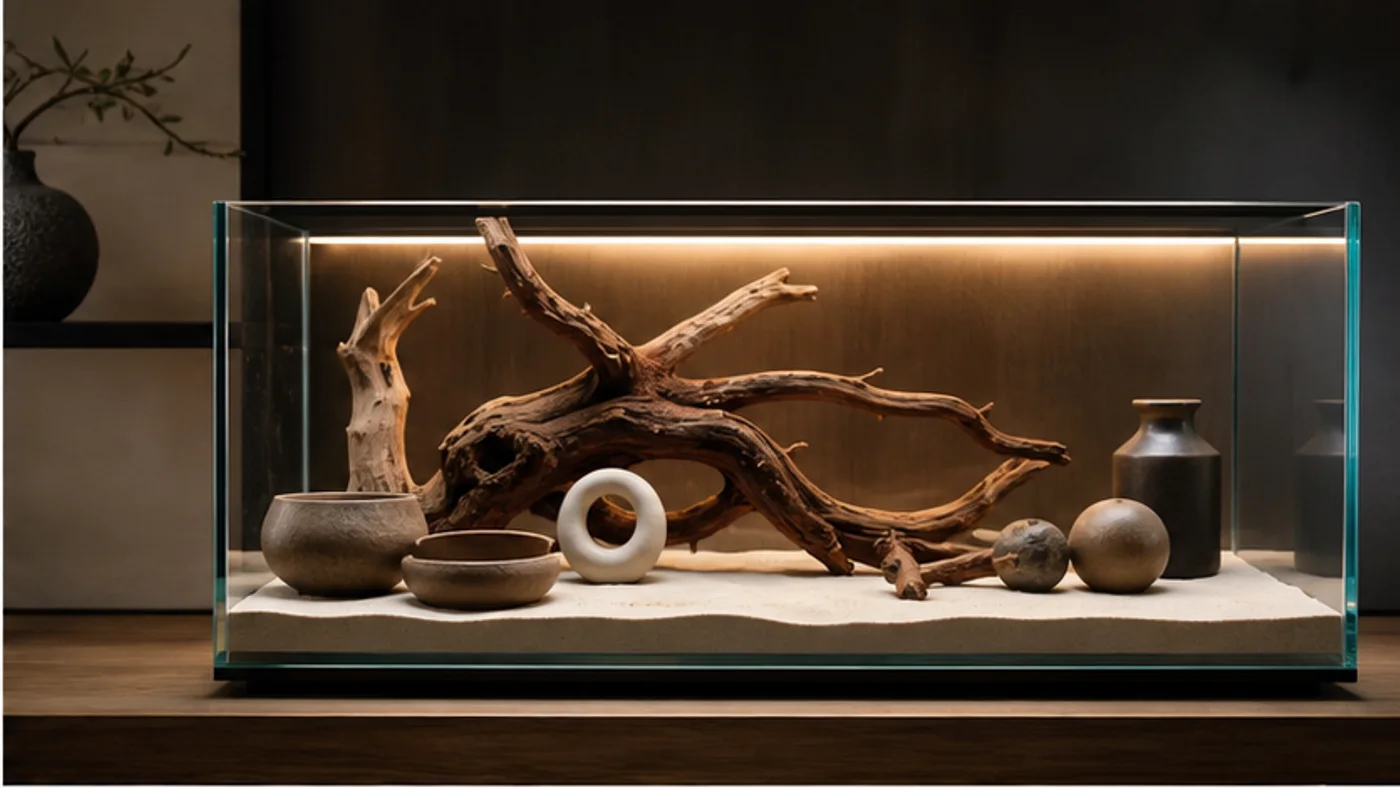 aquarium vide avec bois flotté sable objets céramique et éclairage LED chaud
