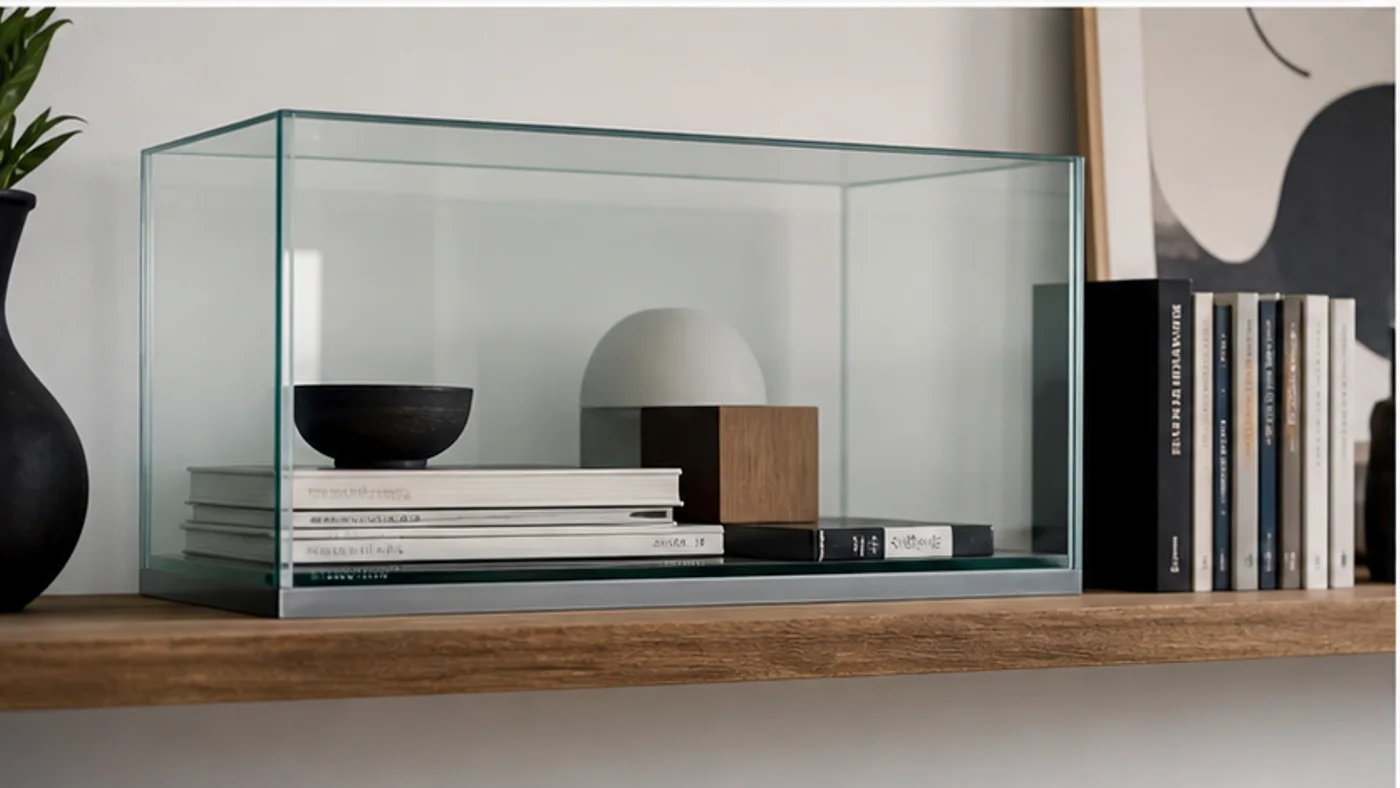 aquarium vide réutilisé comme vitrine déco avec livres et objets sur une étagère