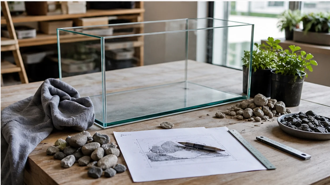 aquarium vide en préparation avec galets plantes chiffon et plan de composition