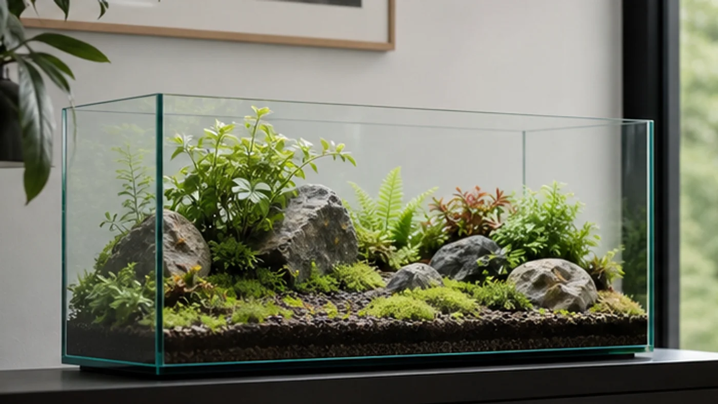 terrarium décoratif dans un ancien aquarium avec mousses plantes et roches