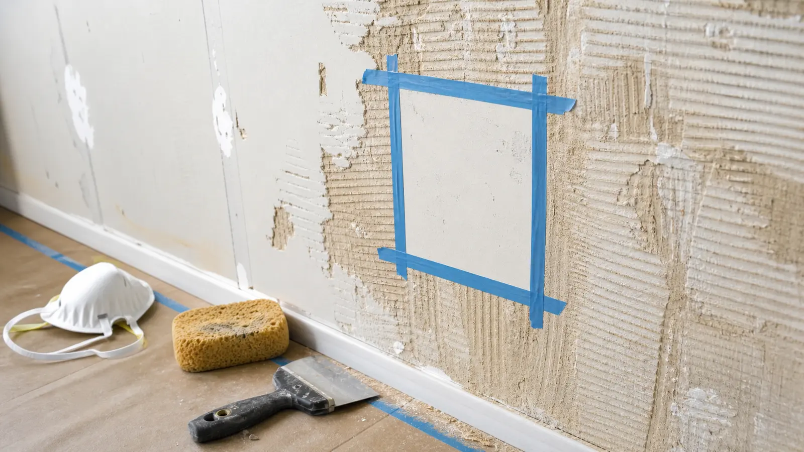 zone test sur un mur en placo couvert de colle à carrelage