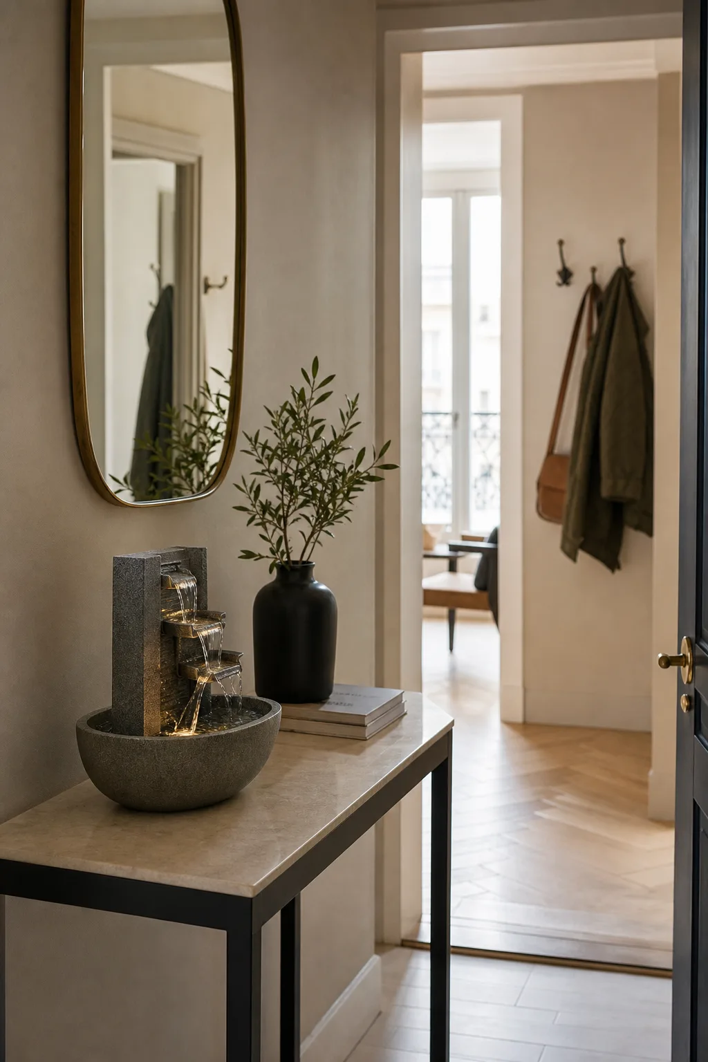 Fontaine décorative placée sur une console dans une entrée dégagée