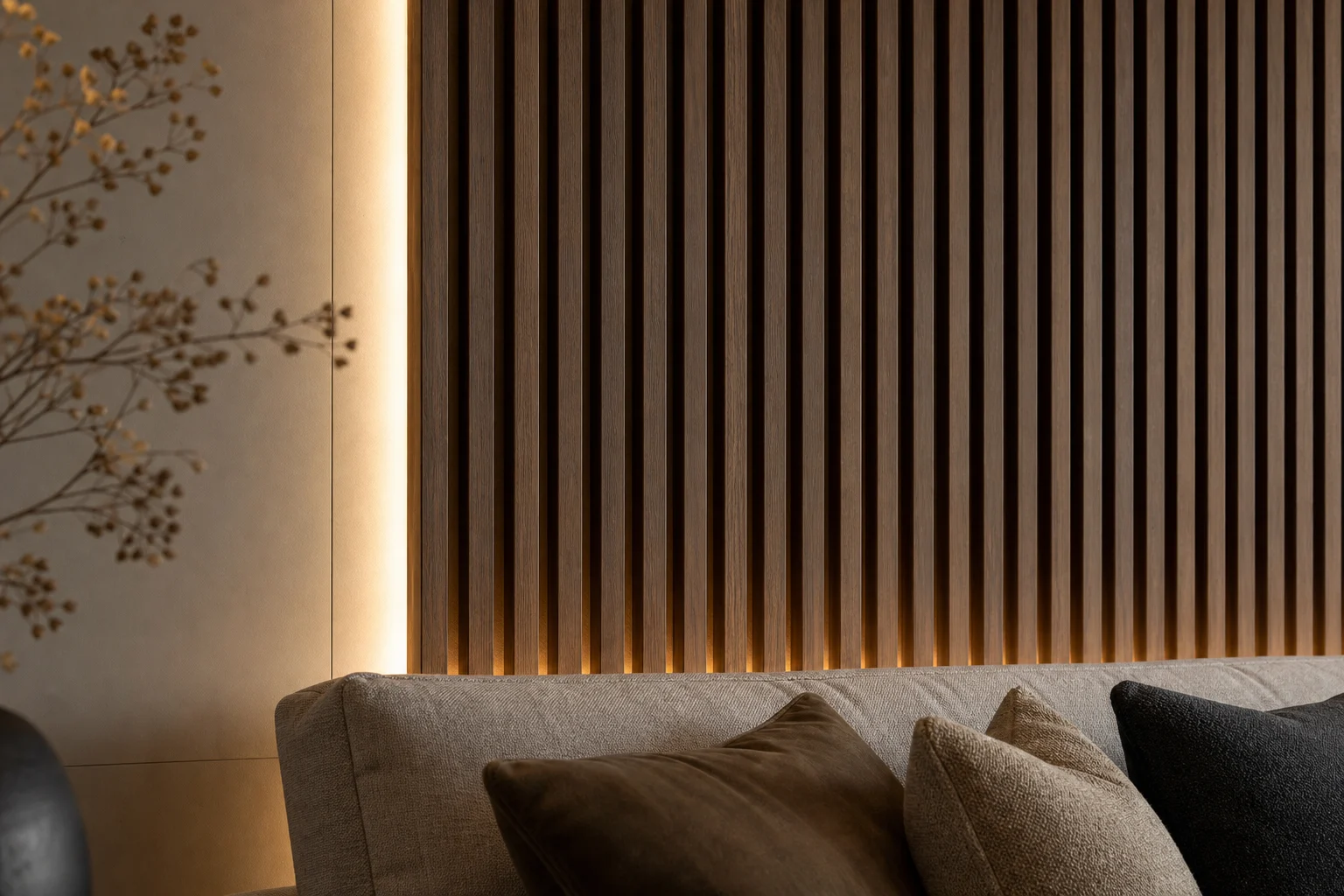 Mur bois clair dans un salon lumineux