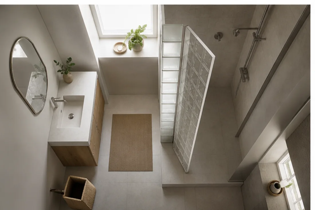 Vue de dessus d’une petite salle de bains avec paroi de douche en briques de verre