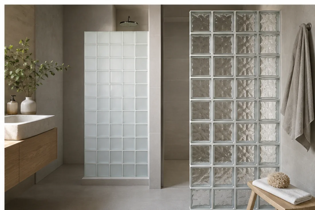 Salle de bains contemporaine comparant briques de verre claires et satinées