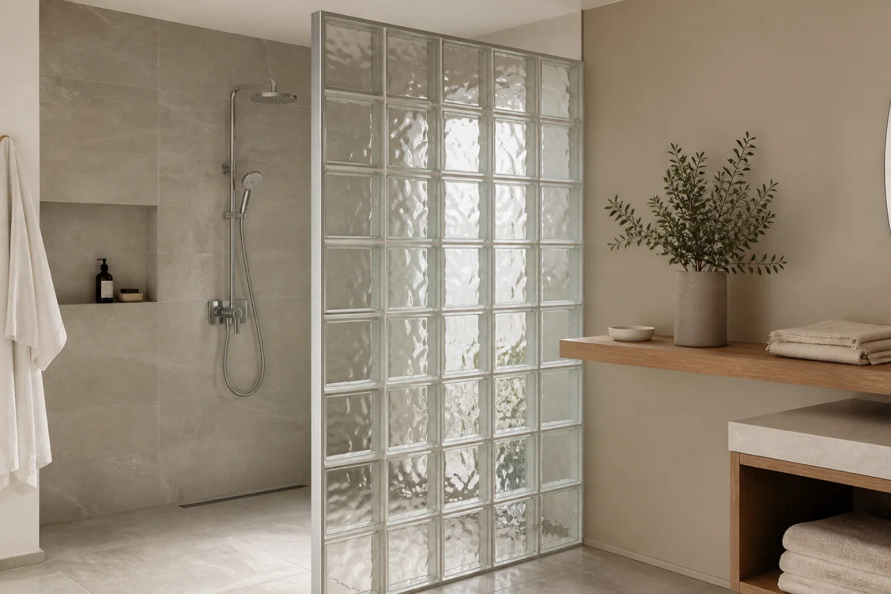 Paroi de douche en briques de verre intégrée dans une salle de bains contemporaine sobre