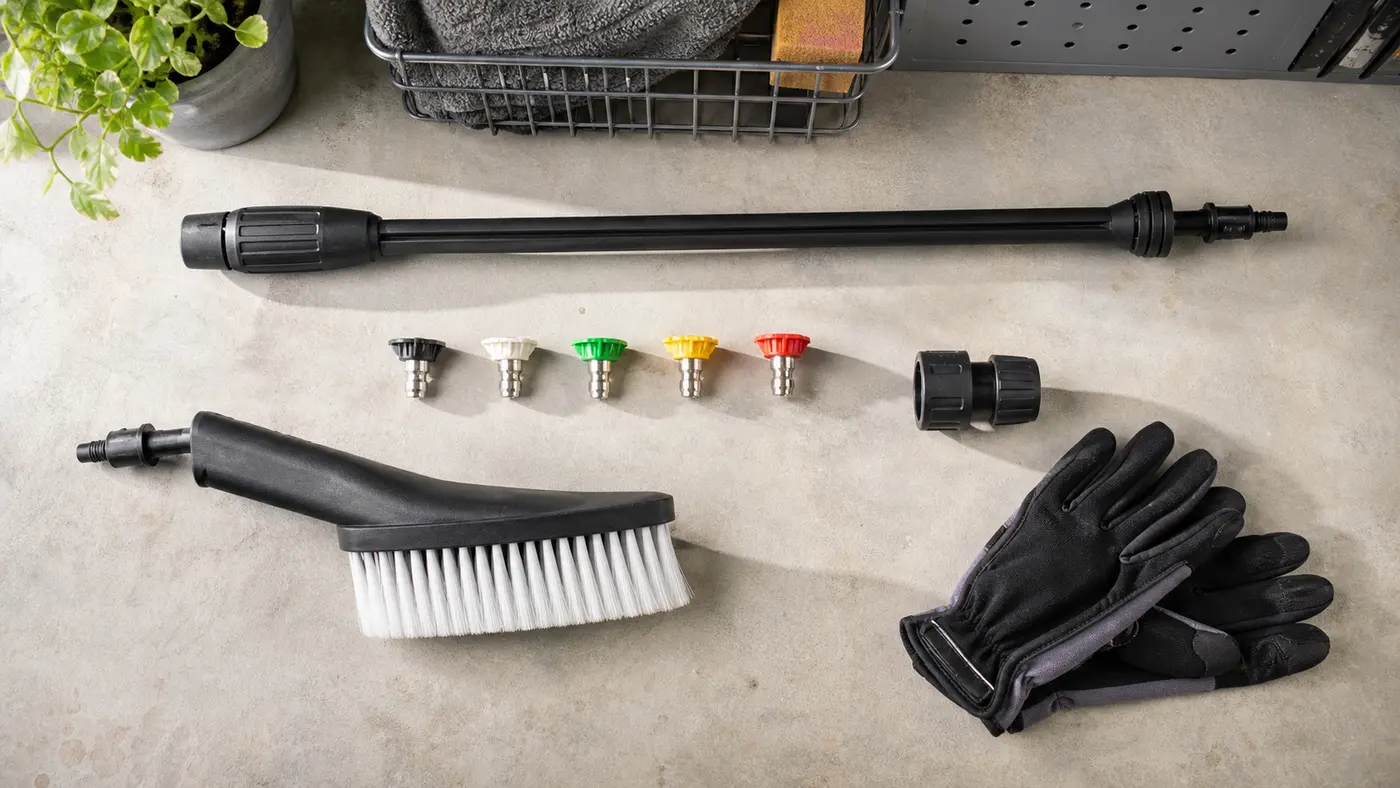 buses brosse et lance de nettoyeur haute pression sur un établi