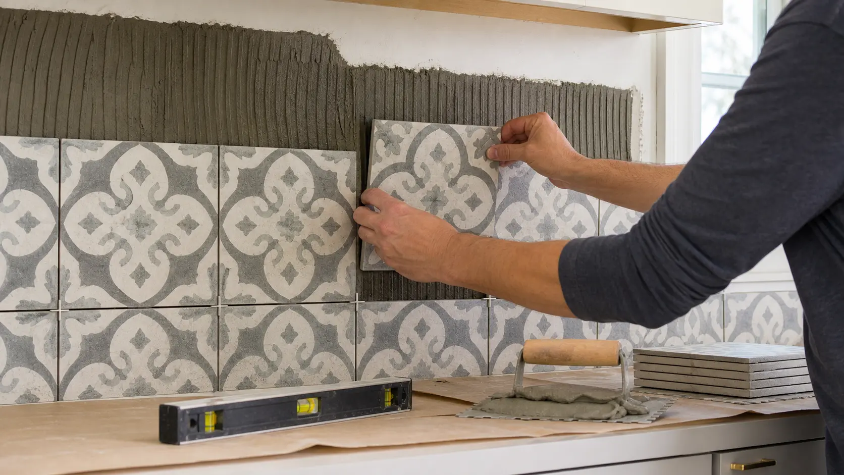 Pose de carreaux de ciment en crédence de cuisine