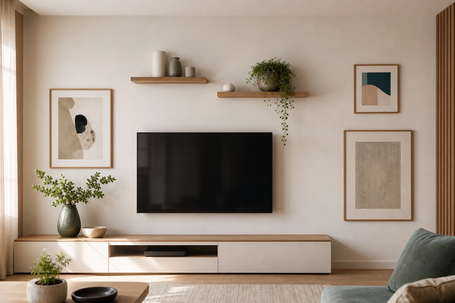 Mur TV composé avec cadres, étagères fines et zones de respiration