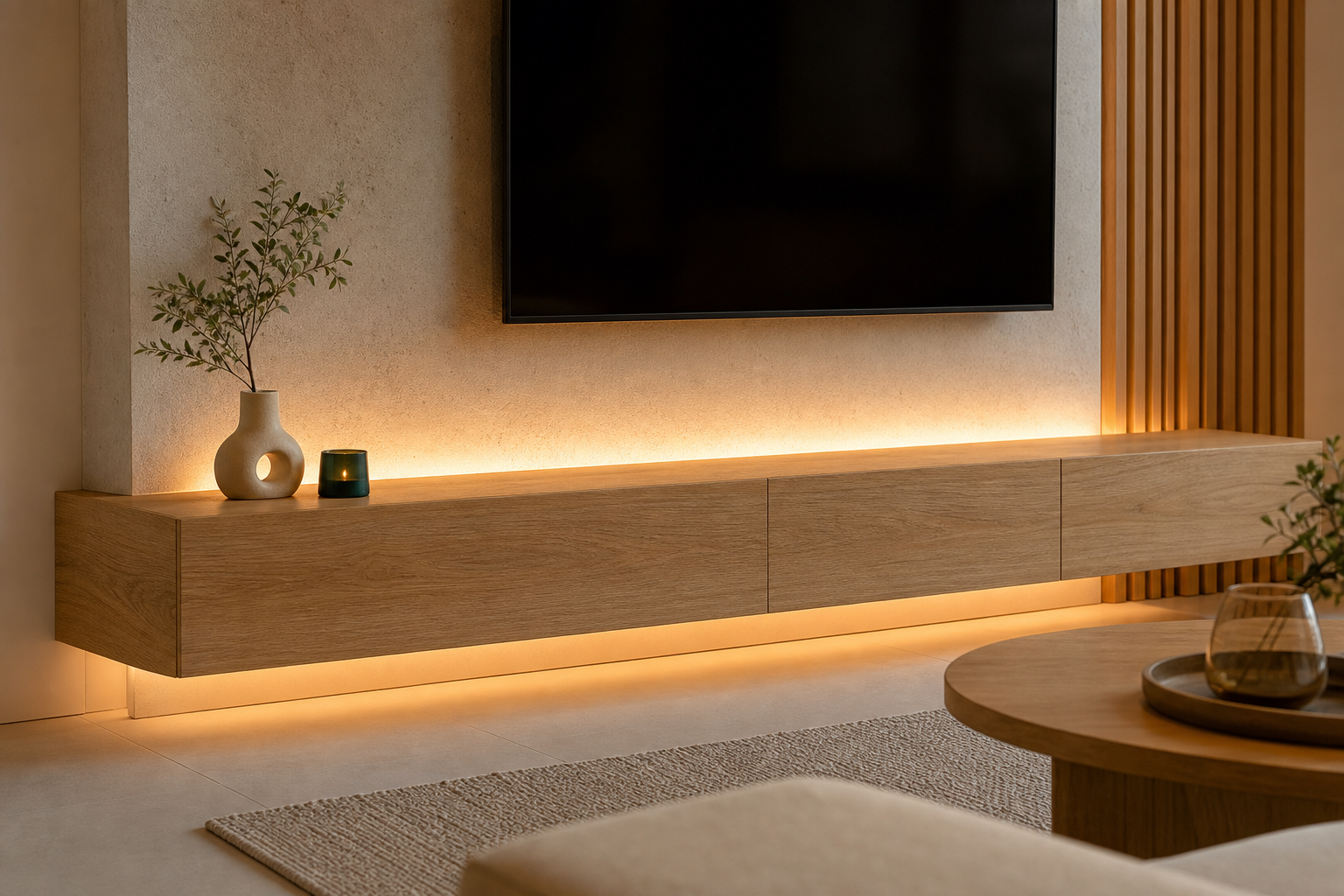 Détail d’un meuble TV suspendu avec lumière chaude et câbles dissimulés