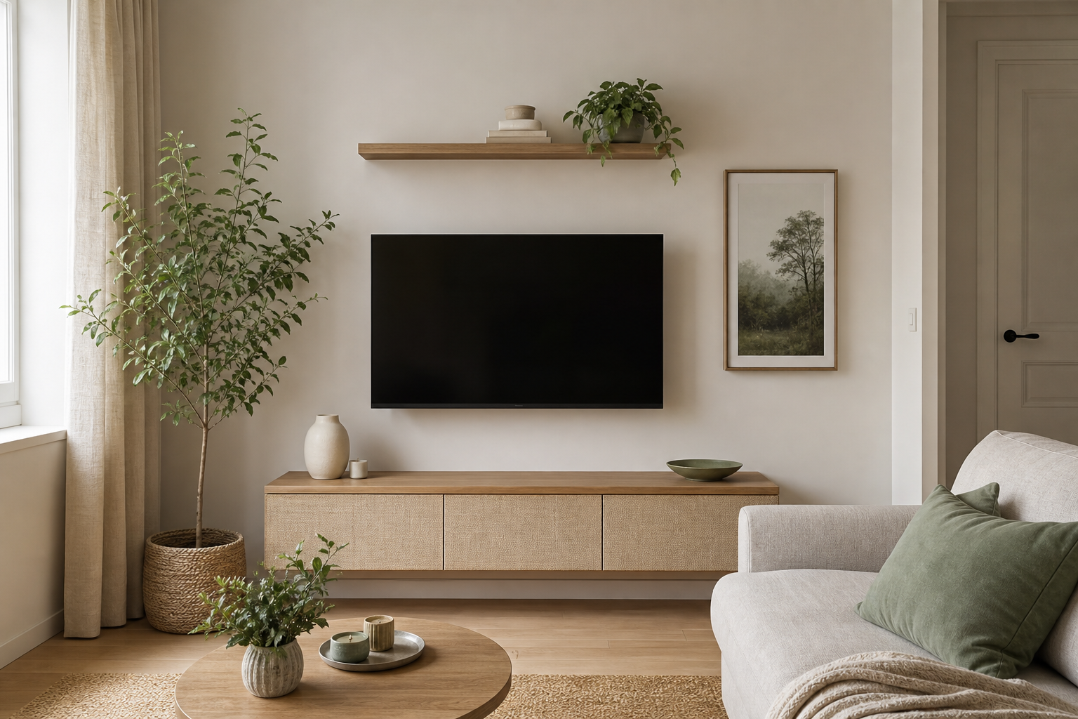 Petit salon avec mur TV compact, étagère fine et décoration légère