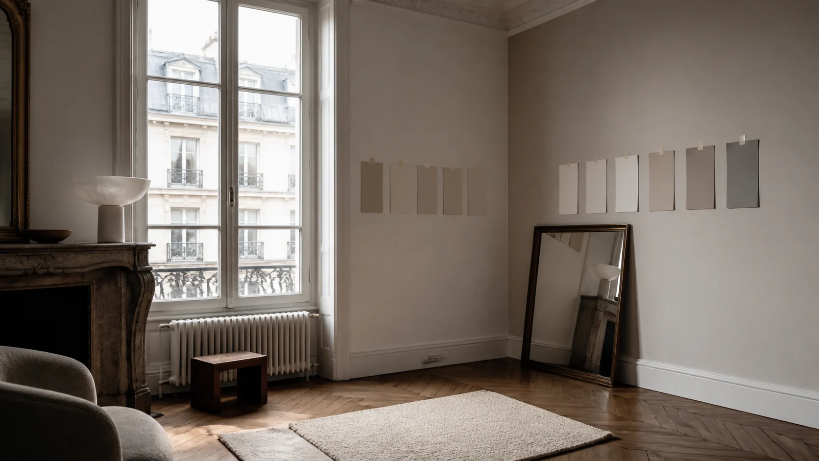 Salon sombre avec nuanciers clairs, miroir mobile et tapis clair pour diagnostiquer la lumière