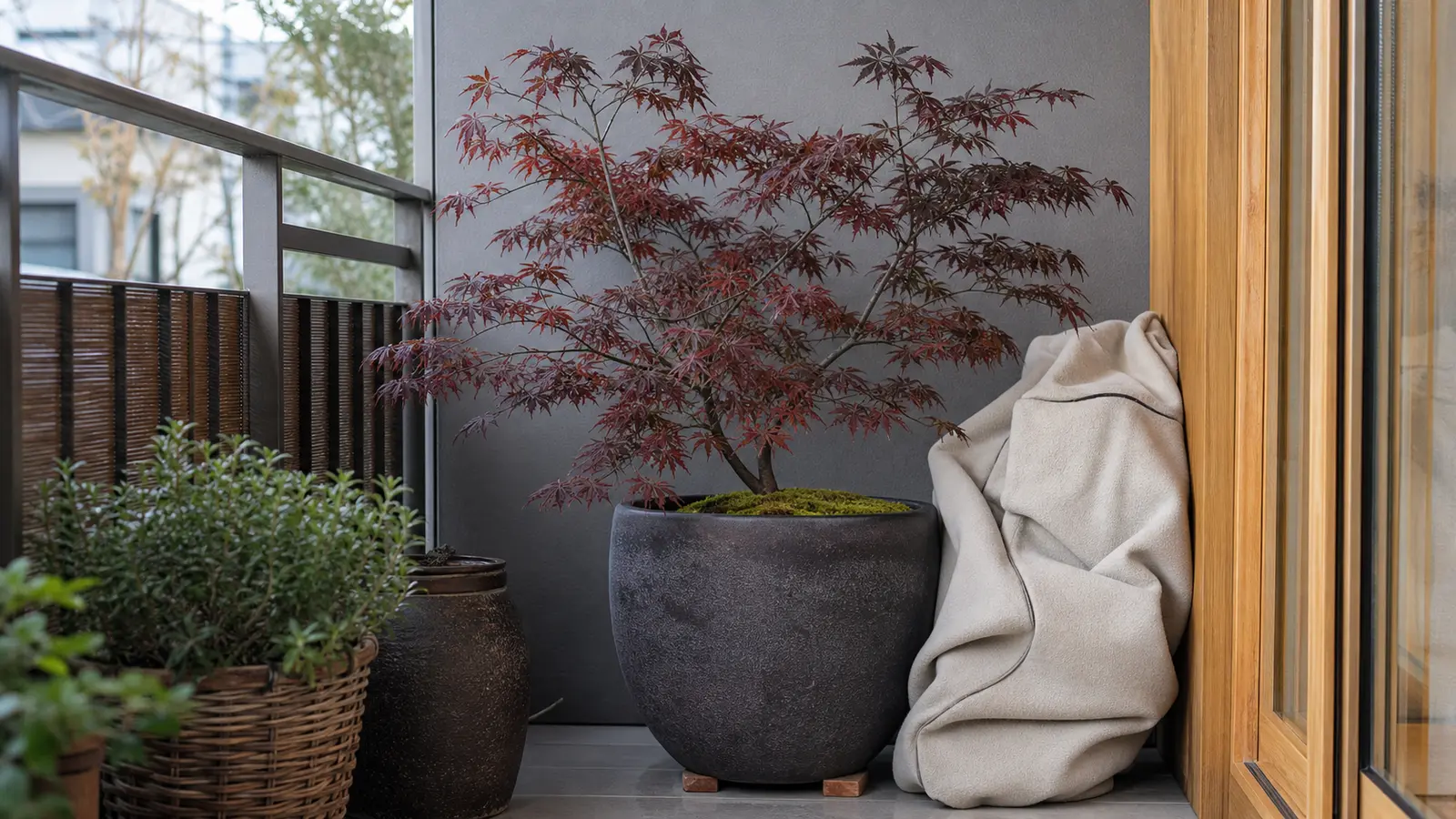 Érable du Japon en pot sur balcon abrité pour le repos hivernal
