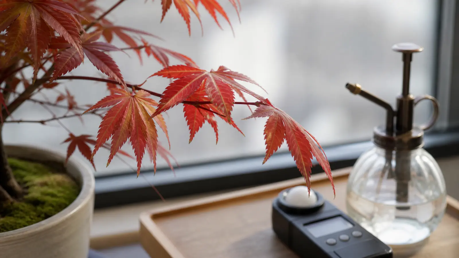 Feuillage d érable du Japon près d une fenêtre en lumière indirecte