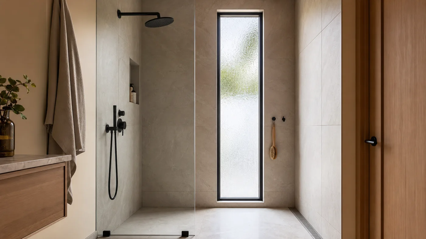 Douche contemporaine avec fenêtre verticale en verre dépoli