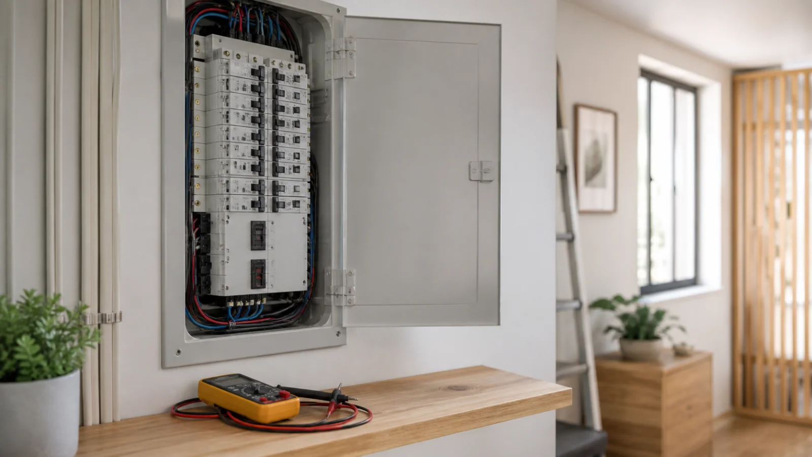 Tableau électrique domestique hors tension avec multimètre posé à côté