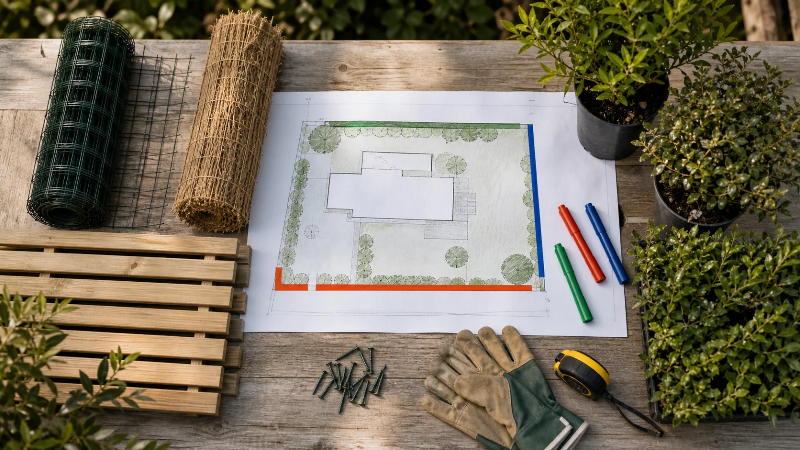 plan de jardin avec zones de clôture et matériaux économiques à comparer