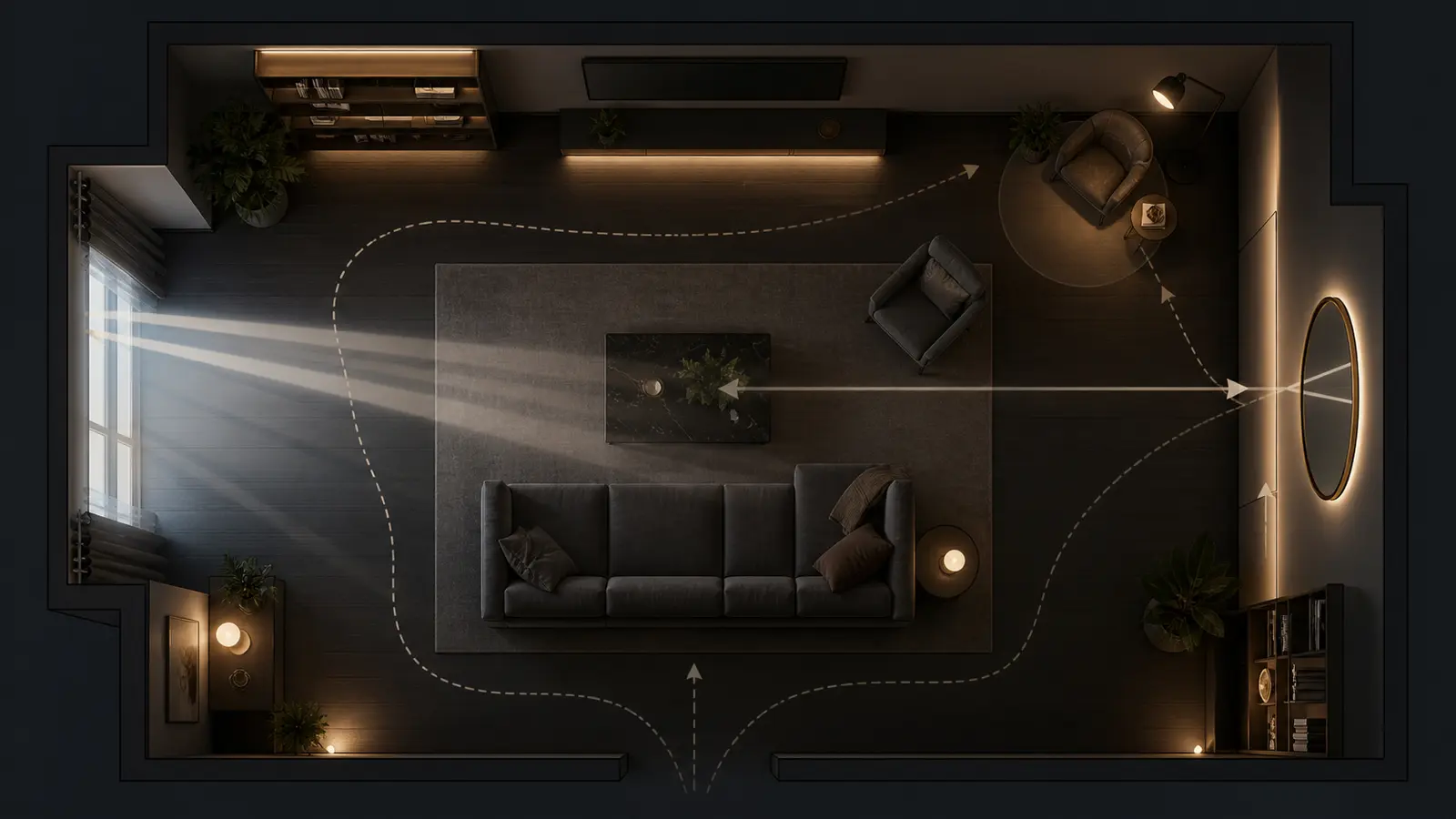 Schéma de plan lumineux pour un salon sombre avec fenêtre, miroir et lampes