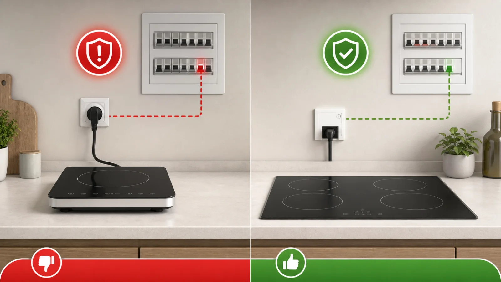 Comparaison visuelle entre une prise standard et un circuit dédié pour plaque à induction
