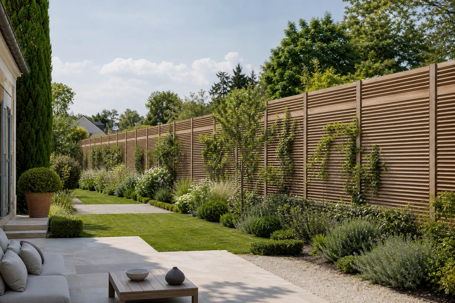 Mur anti-bruit intégré dans un jardin paysager