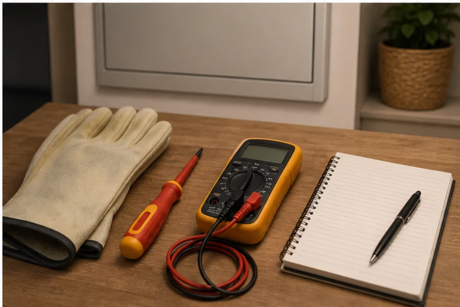 Gants, multimètre et outillage isolé préparés avant intervention électrique