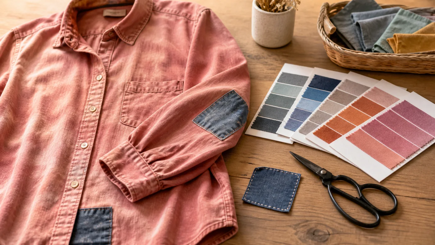 Chemise colorée avec patch textile et nuanciers de teinture pour récupération créative